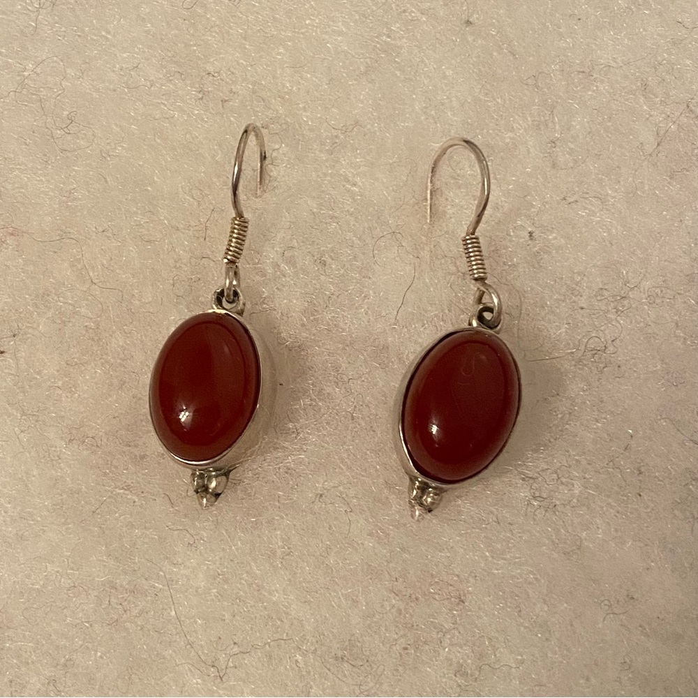EARRINGS STERLING SILVER 925 CARNELIAN OVAL RED STONE FRENCH WIRES DROP PIERCED